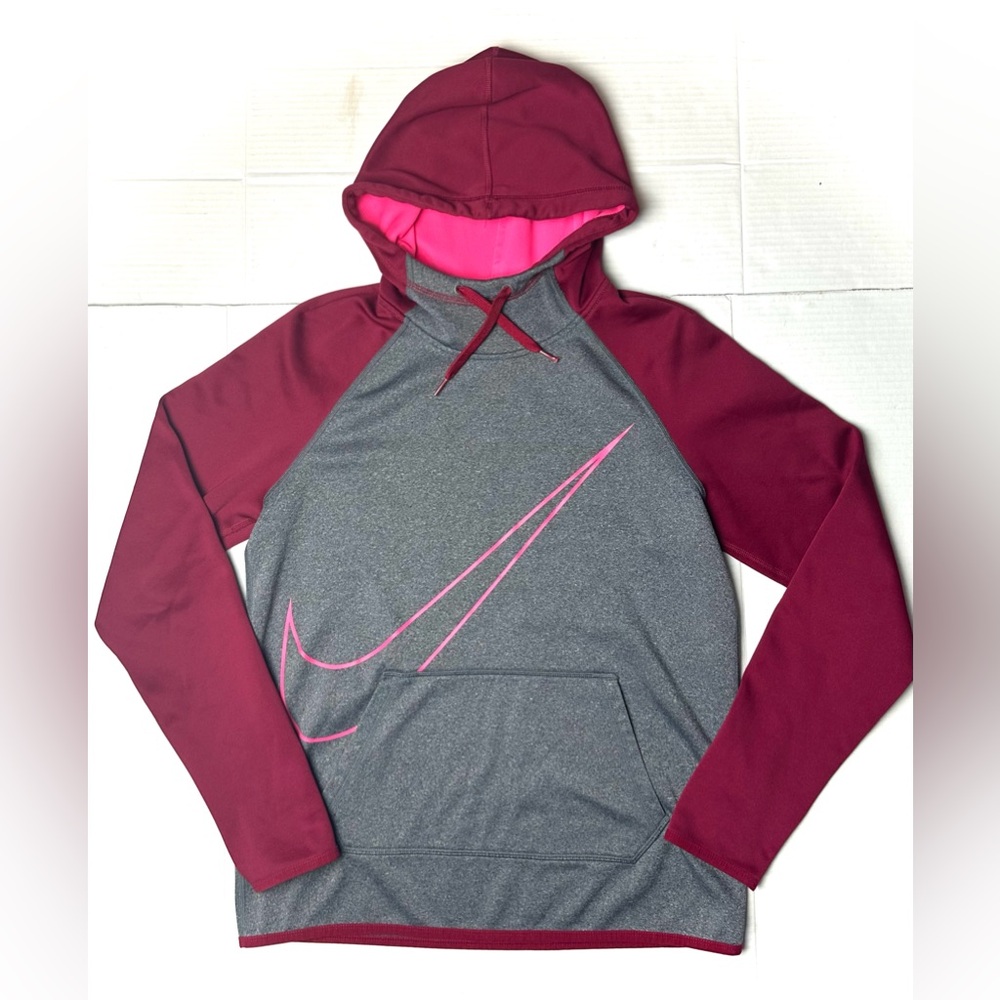 Nike Dri Fit Mock Neck Pullover Hoodie Sweatshirt Gray / Burgundy Womens Small